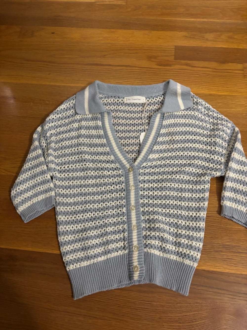 By Together Light Blue & Cream Striped Open-Knit Polo Cardigan